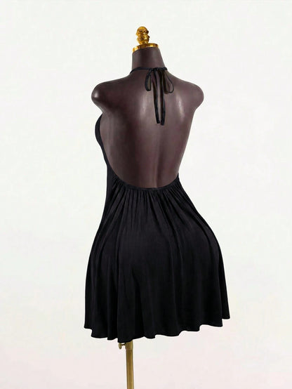 SaltGleam SaltGleam Women's Sexy Solid Color Backless Halter Neck Mini Dress For Summer