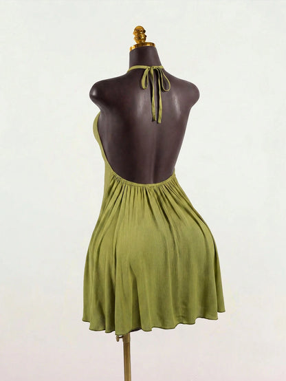 SaltGleam SaltGleam Women's Sexy Solid Color Backless Halter Neck Mini Dress For Summer