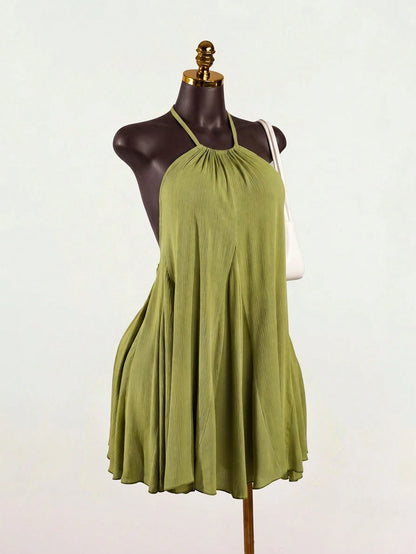 SaltGleam SaltGleam Women's Sexy Solid Color Backless Halter Neck Mini Dress For Summer