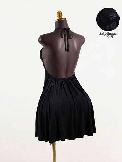 SaltGleam SaltGleam Women's Sexy Solid Color Backless Halter Neck Mini Dress For Summer