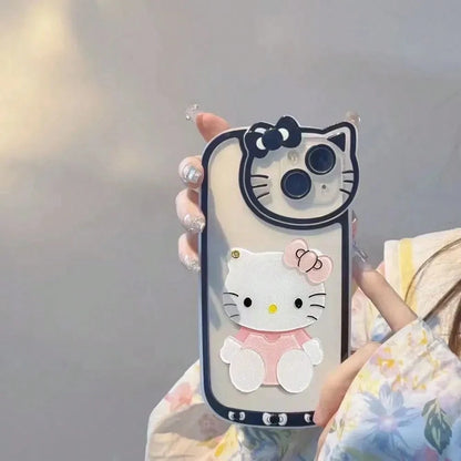 SANRIO Cute Cartoon Rotatable Makeup Mirror Phone Cover, Transparent Light Animal Pattern Shockproof Protective Casing Compatible With IPhone17/17Pro/17ProMax/16/16Plus/16Pro/16ProMax/15/15Plus/15Pro