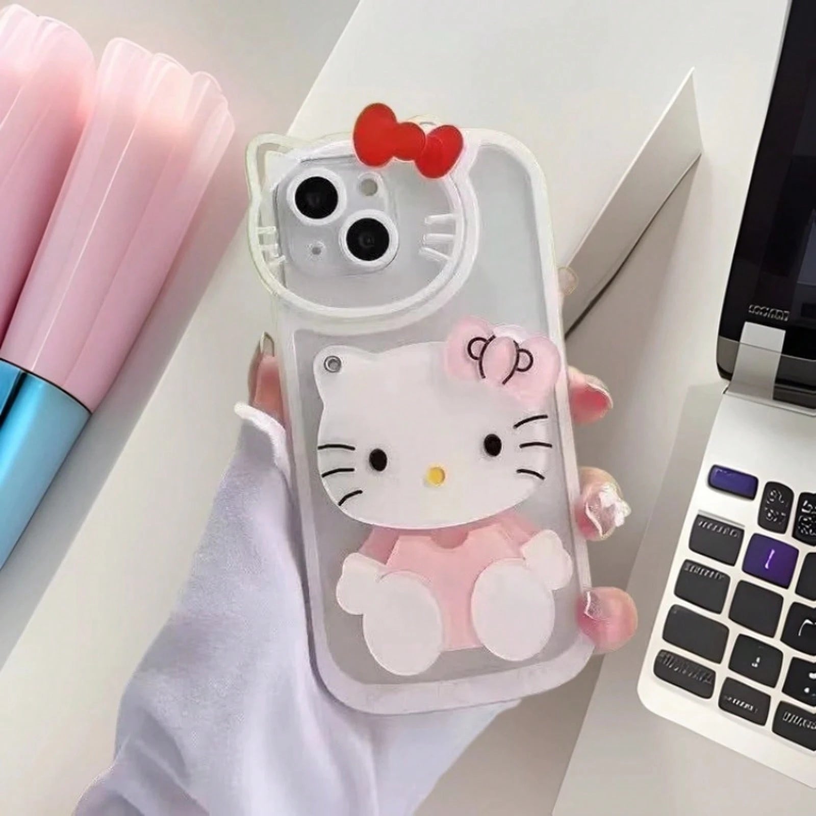 SANRIO Cute Cartoon Rotatable Makeup Mirror Phone Cover, Transparent Light Animal Pattern Shockproof Protective Casing Compatible With IPhone17/17Pro/17ProMax/16/16Plus/16Pro/16ProMax/15/15Plus/15Pro