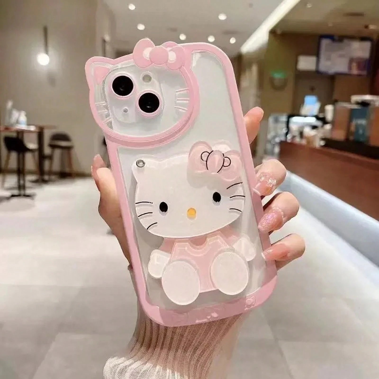 SANRIO Cute Cartoon Rotatable Makeup Mirror Phone Cover, Transparent Light Animal Pattern Shockproof Protective Casing Compatible With IPhone17/17Pro/17ProMax/16/16Plus/16Pro/16ProMax/15/15Plus/15Pro