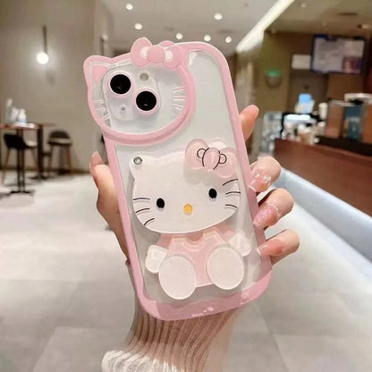 SANRIO Cute Cartoon Rotatable Makeup Mirror Phone Cover, Transparent Light Animal Pattern Shockproof Protective Casing Compatible With IPhone17/17Pro/17ProMax/16/16Plus/16Pro/16ProMax/15/15Plus/15Pro