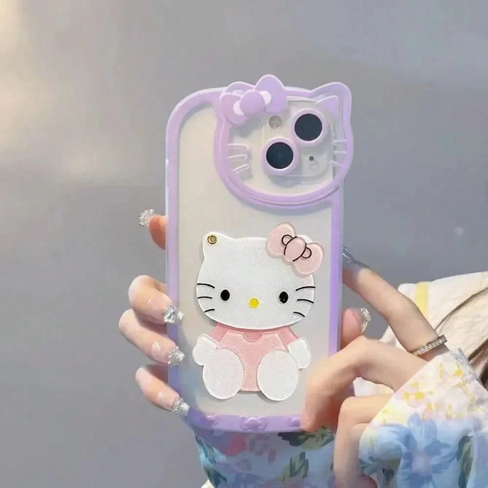SANRIO Cute Cartoon Rotatable Makeup Mirror Phone Cover, Transparent Light Animal Pattern Shockproof Protective Casing Compatible With IPhone17/17Pro/17ProMax/16/16Plus/16Pro/16ProMax/15/15Plus/15Pro