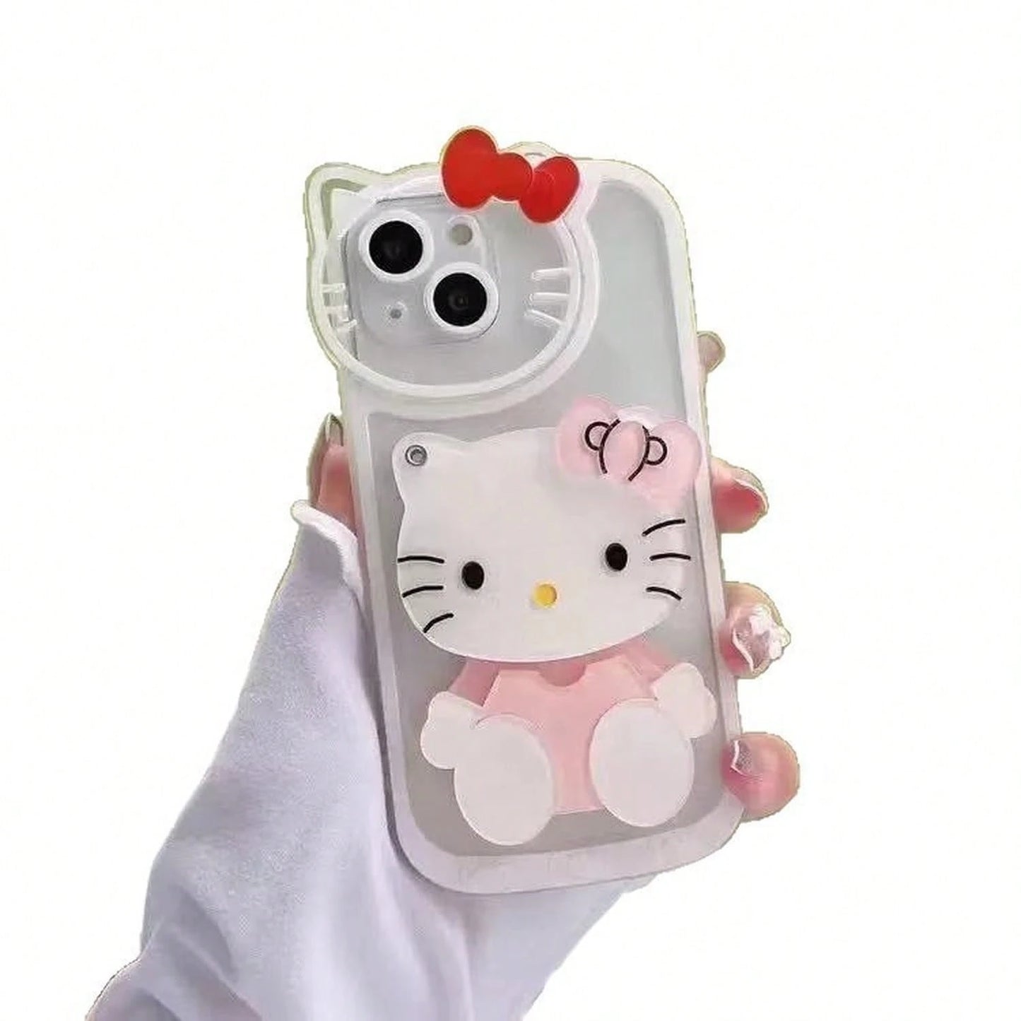 SANRIO Cute Cartoon Rotatable Makeup Mirror Phone Cover, Transparent Light Animal Pattern Shockproof Protective Casing Compatible With IPhone17/17Pro/17ProMax/16/16Plus/16Pro/16ProMax/15/15Plus/15Pro