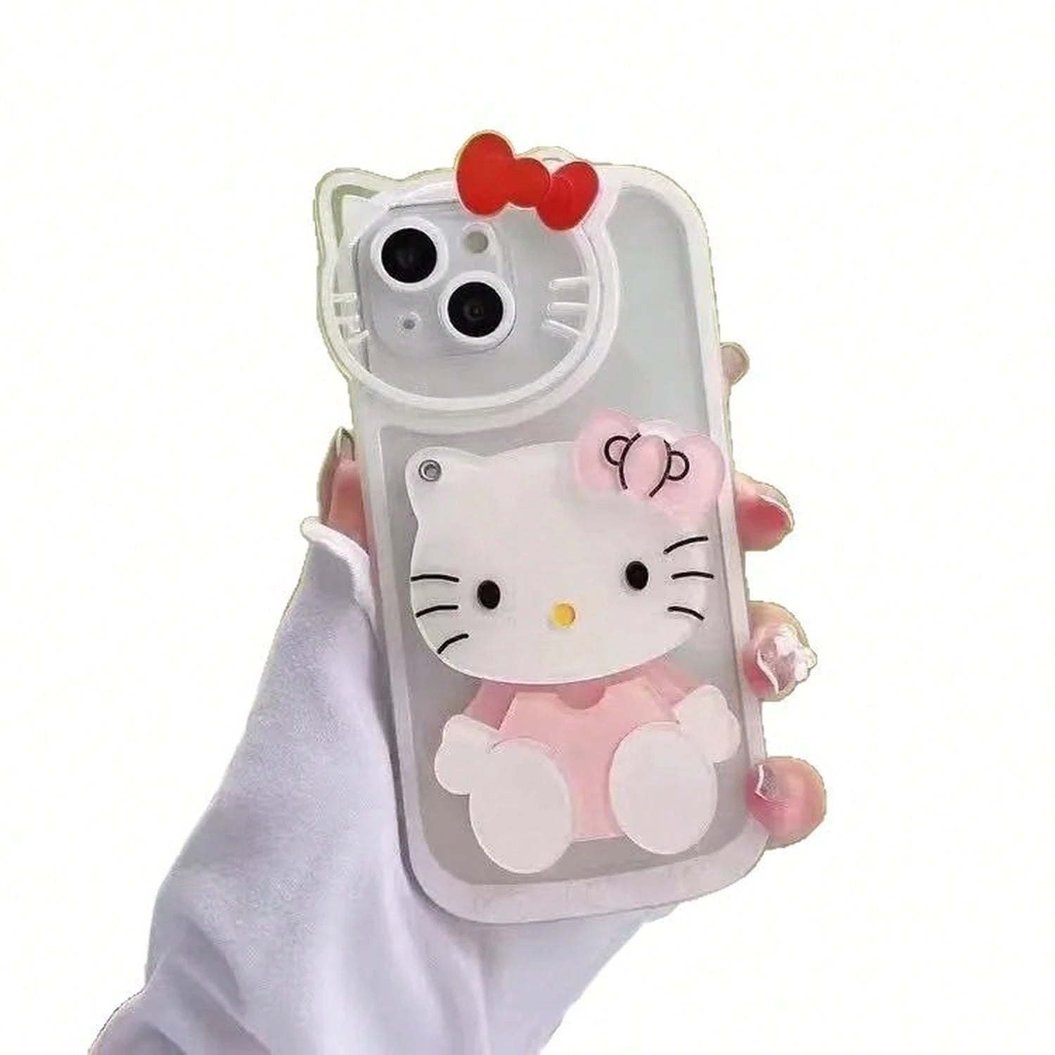 SANRIO Cute Cartoon Rotatable Makeup Mirror Phone Cover, Transparent Light Animal Pattern Shockproof Protective Casing Compatible With IPhone17/17Pro/17ProMax/16/16Plus/16Pro/16ProMax/15/15Plus/15Pro