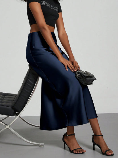 Se-Helo Fashion Women's Elastic Satin Finish Maxi Skirt- Navy Blue Casual Spring