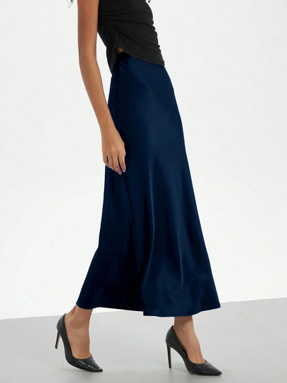 Se-Helo Fashion Women's Elastic Satin Finish Maxi Skirt- Navy Blue Casual Spring
