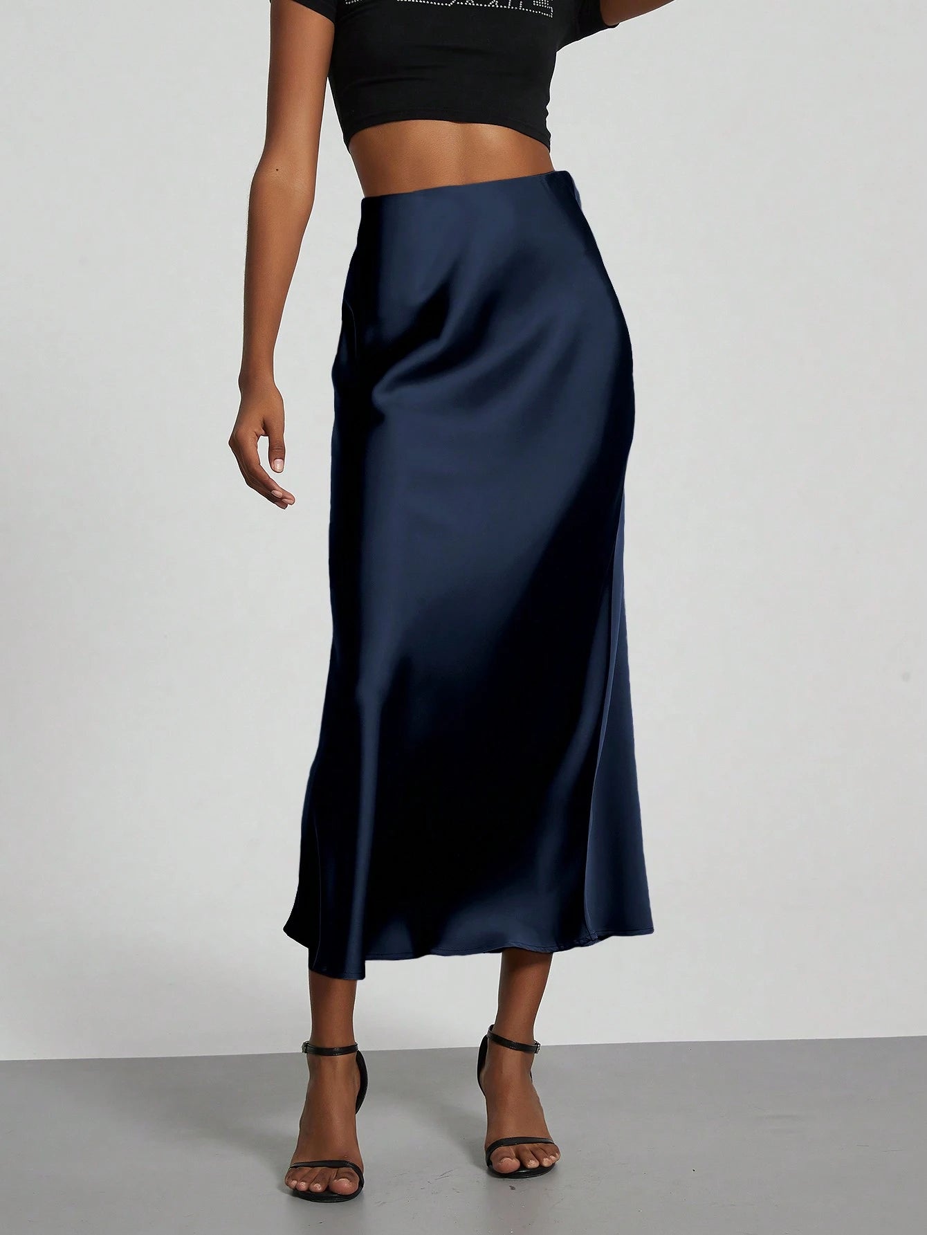 Se-Helo Fashion Women's Elastic Satin Finish Maxi Skirt- Navy Blue Casual Spring