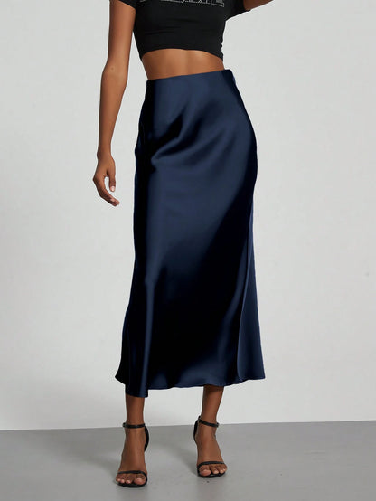 Se-Helo Fashion Women's Elastic Satin Finish Maxi Skirt- Navy Blue Casual Spring