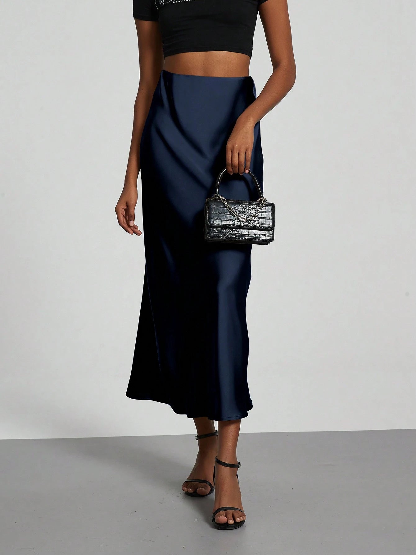 Se-Helo Fashion Women's Elastic Satin Finish Maxi Skirt- Navy Blue Casual Spring