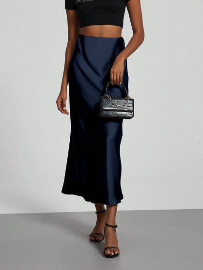 Se-Helo Fashion Women's Elastic Satin Finish Maxi Skirt- Navy Blue Casual Spring