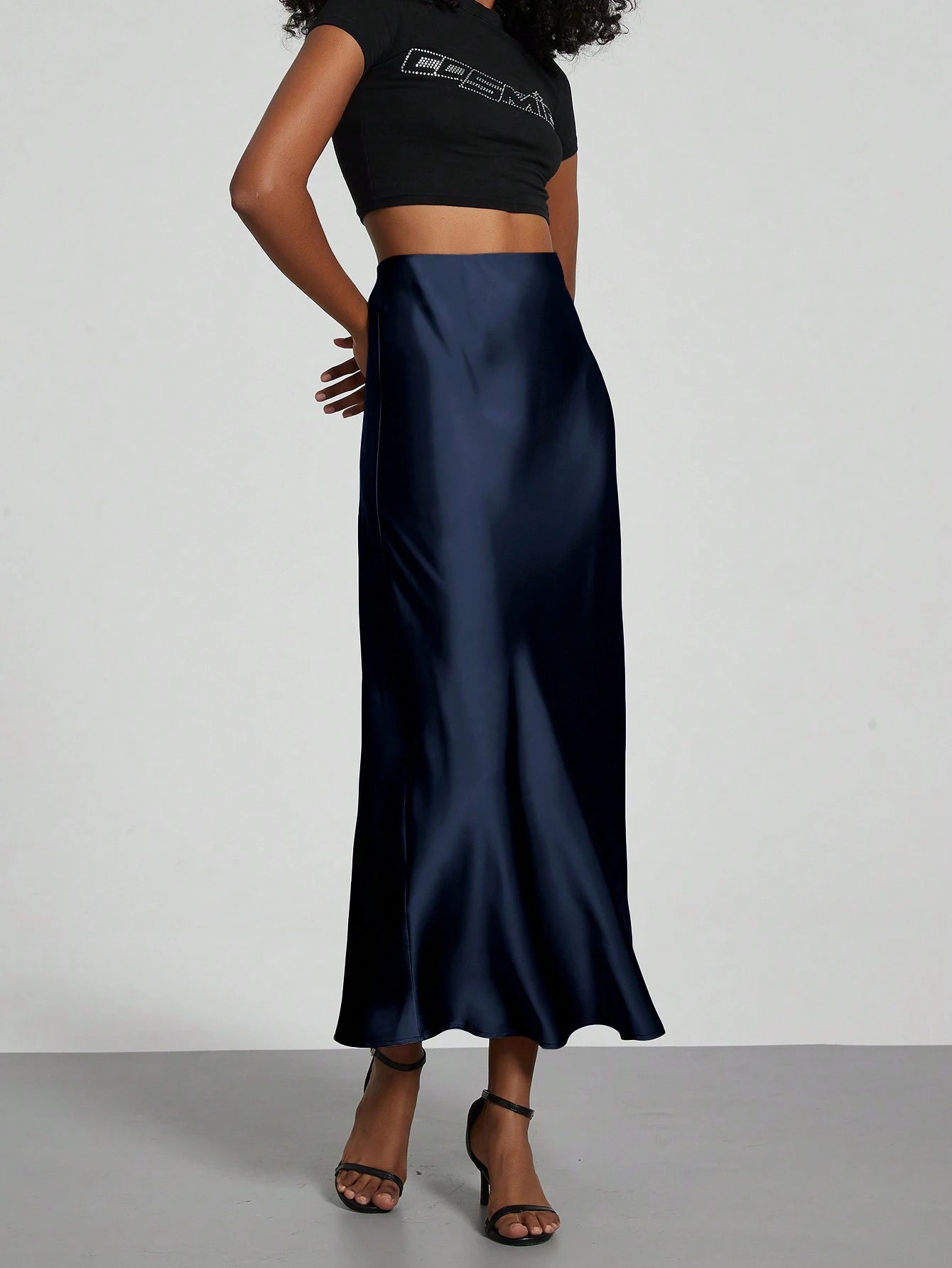Se-Helo Fashion Women's Elastic Satin Finish Maxi Skirt- Navy Blue Casual Spring