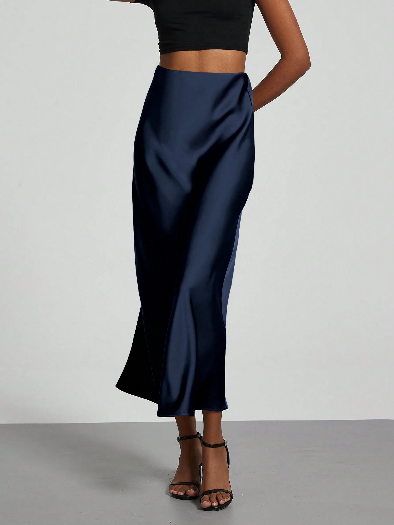Se-Helo Fashion Women's Elastic Satin Finish Maxi Skirt- Navy Blue Casual Spring