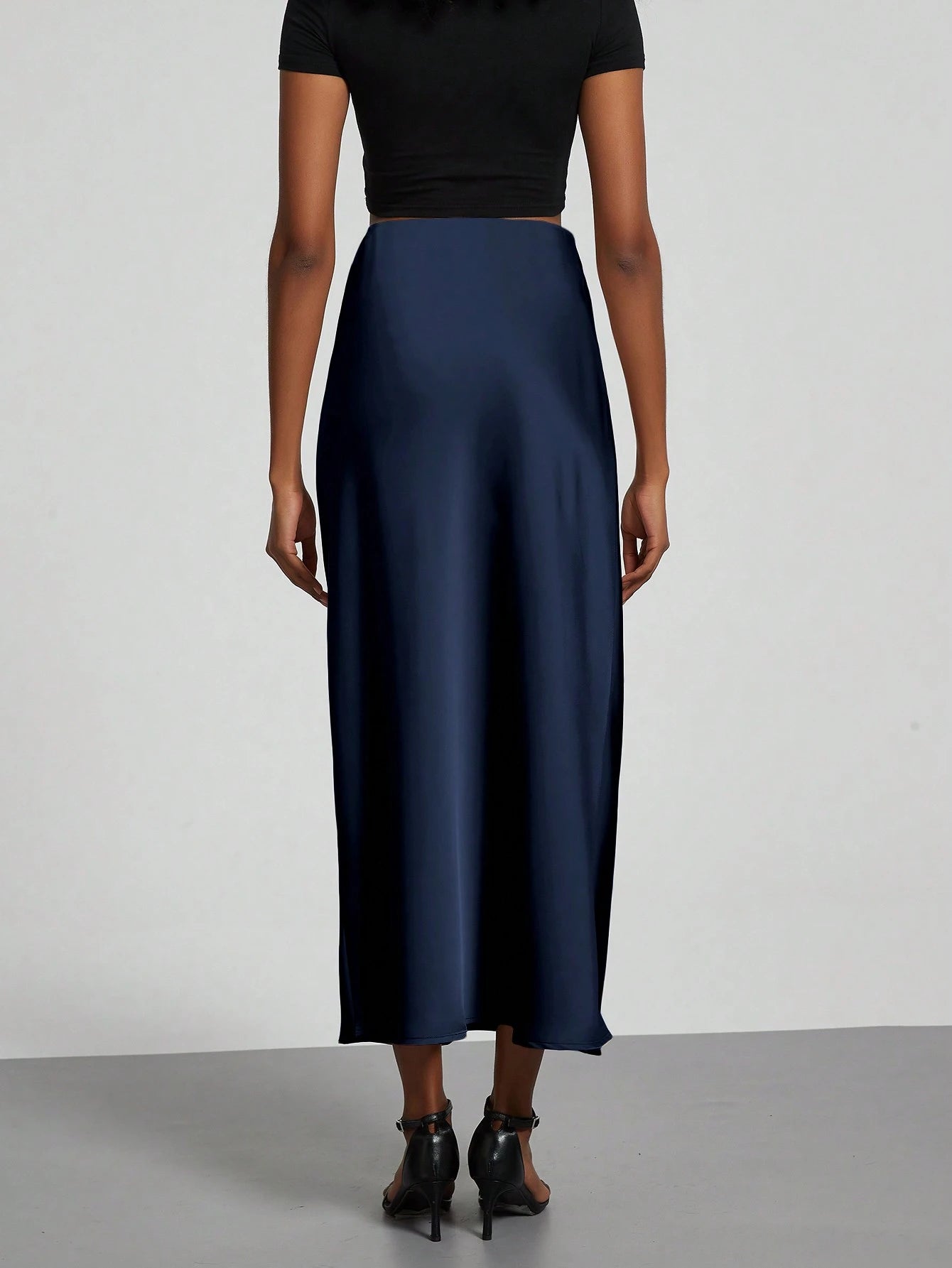Se-Helo Fashion Women's Elastic Satin Finish Maxi Skirt- Navy Blue Casual Spring