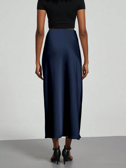 Se-Helo Fashion Women's Elastic Satin Finish Maxi Skirt- Navy Blue Casual Spring