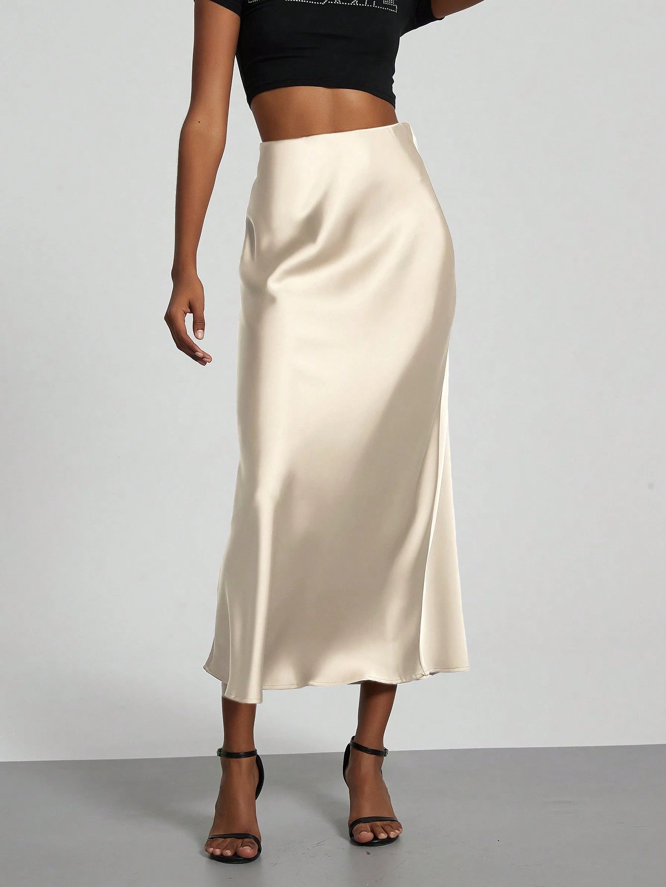 Se-Helo Fashion Women's Elastic Satin Finish Maxi Skirt- Navy Blue Casual Spring