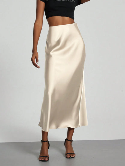 Se-Helo Fashion Women's Elastic Satin Finish Maxi Skirt- Navy Blue Casual Spring