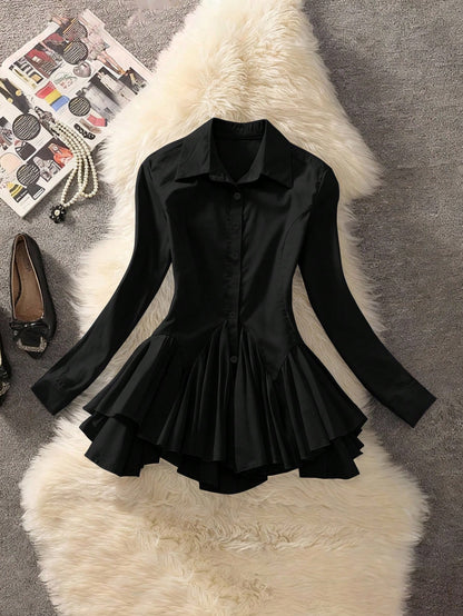 Selianne Women's Elegant Black Office Autumn Fashion Commuter Long Sleeve Lapel Cardigan With Cinched Waist And Ruffle Hem Solid Color Blouse, High-End Retro Top