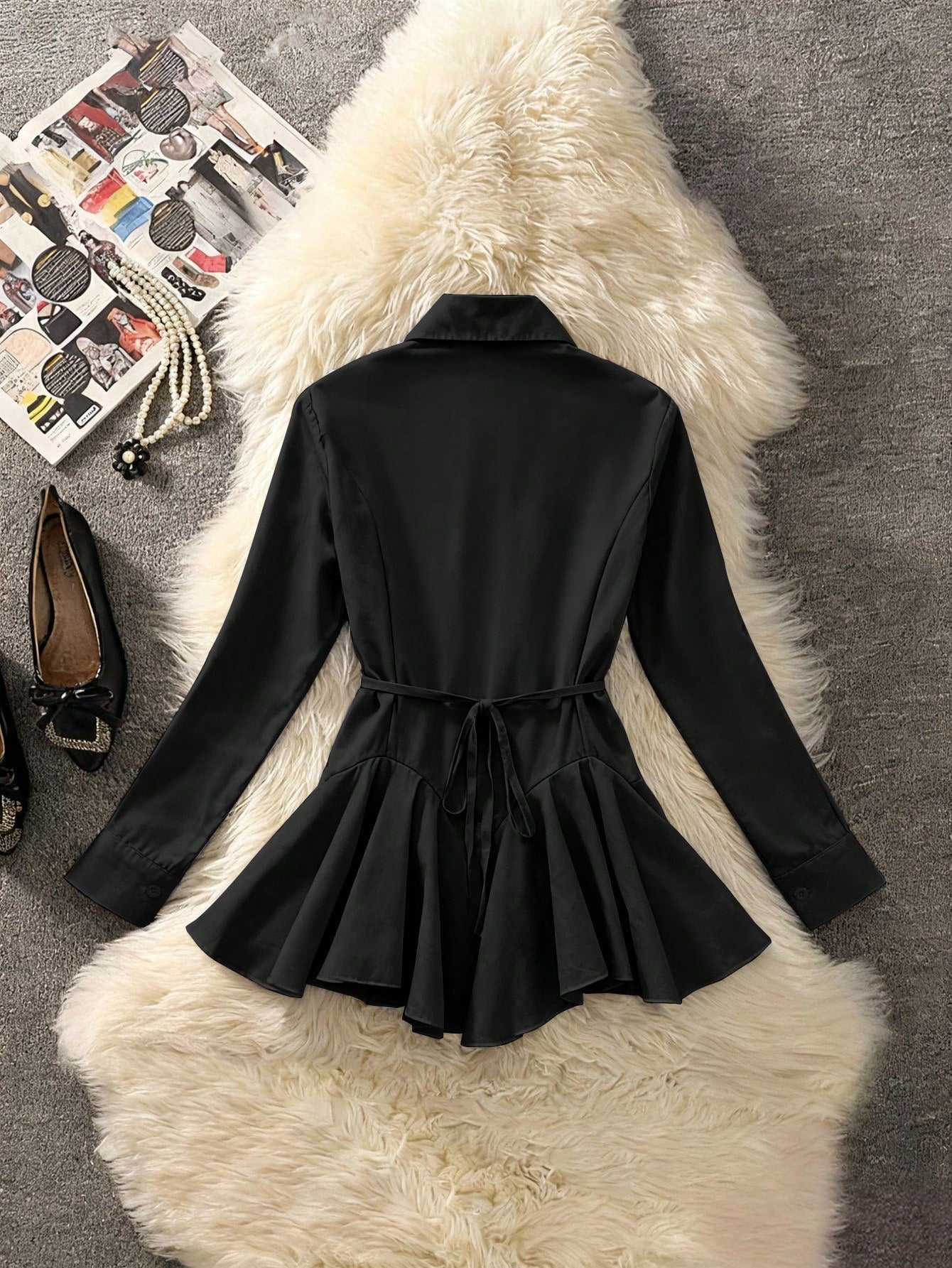 Selianne Women's Elegant Black Office Autumn Fashion Commuter Long Sleeve Lapel Cardigan With Cinched Waist And Ruffle Hem Solid Color Blouse, High-End Retro Top