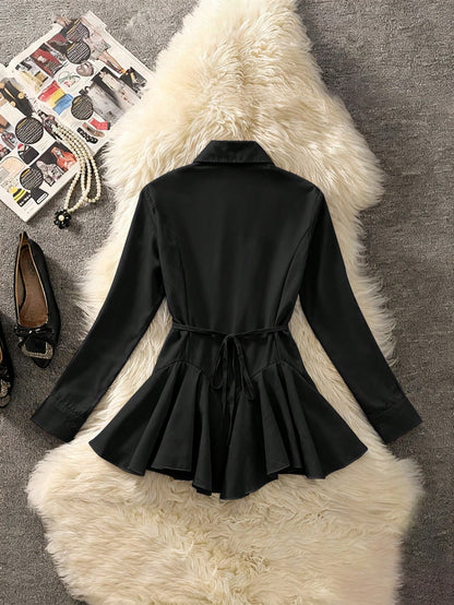 Selianne Women's Elegant Black Office Autumn Fashion Commuter Long Sleeve Lapel Cardigan With Cinched Waist And Ruffle Hem Solid Color Blouse, High-End Retro Top