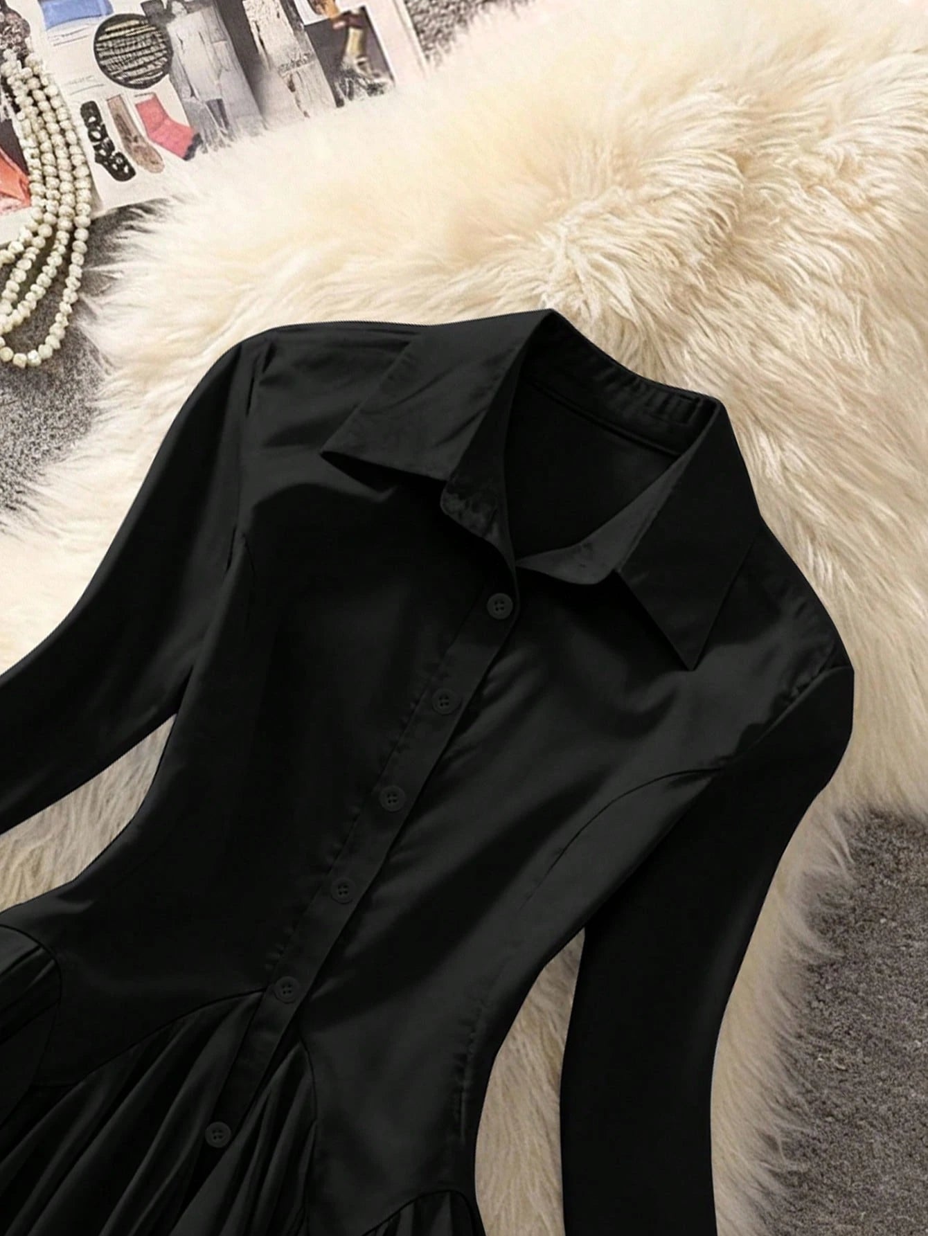 Selianne Women's Elegant Black Office Autumn Fashion Commuter Long Sleeve Lapel Cardigan With Cinched Waist And Ruffle Hem Solid Color Blouse, High-End Retro Top