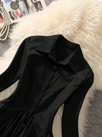 Selianne Women's Elegant Black Office Autumn Fashion Commuter Long Sleeve Lapel Cardigan With Cinched Waist And Ruffle Hem Solid Color Blouse, High-End Retro Top