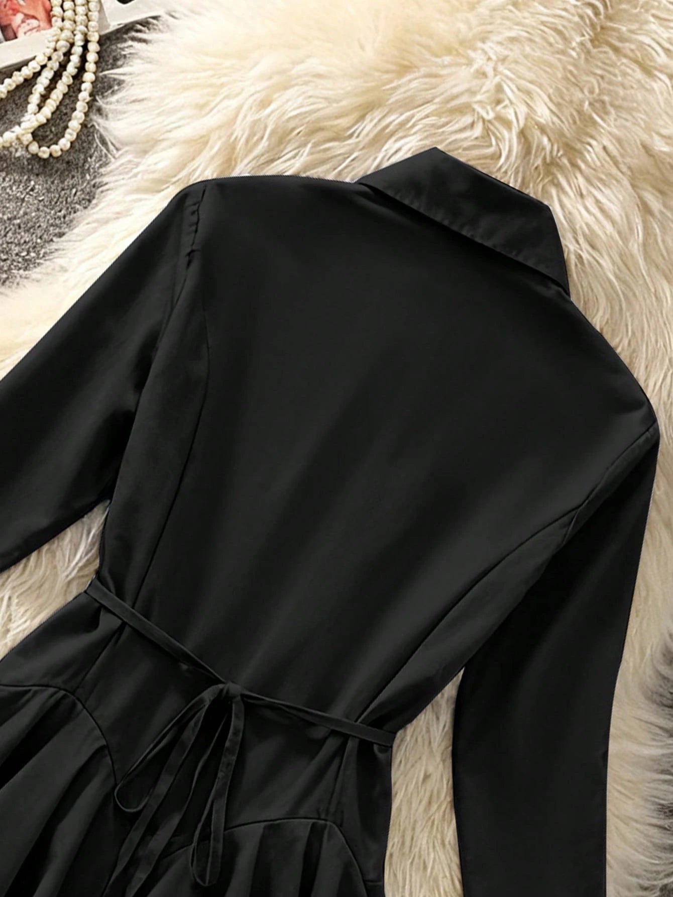 Selianne Women's Elegant Black Office Autumn Fashion Commuter Long Sleeve Lapel Cardigan With Cinched Waist And Ruffle Hem Solid Color Blouse, High-End Retro Top