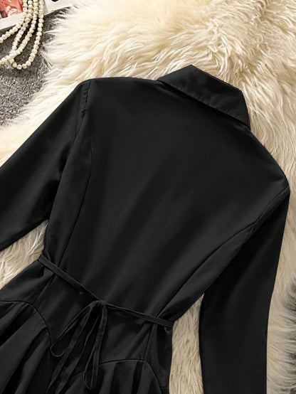 Selianne Women's Elegant Black Office Autumn Fashion Commuter Long Sleeve Lapel Cardigan With Cinched Waist And Ruffle Hem Solid Color Blouse, High-End Retro Top