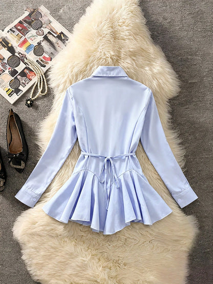 Selianne Women's Elegant Black Office Autumn Fashion Commuter Long Sleeve Lapel Cardigan With Cinched Waist And Ruffle Hem Solid Color Blouse, High-End Retro Top