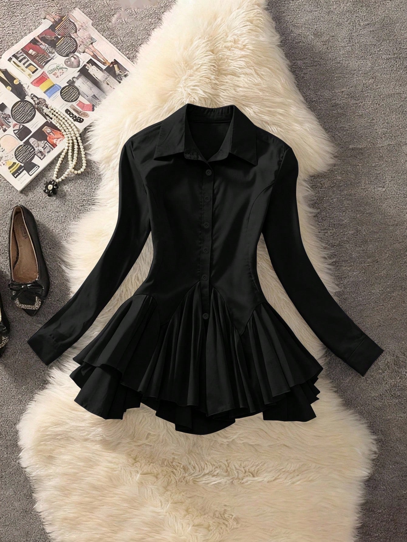 Selianne Women's Elegant Black Office Autumn Fashion Commuter Long Sleeve Lapel Cardigan With Cinched Waist And Ruffle Hem Solid Color Blouse, High-End Retro Top