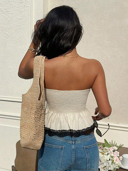 Serisse Women's Black And White Contrast Lace Trim Bandeau Top, Chic Elegant Sexy Shirred Handkerchief Hem Tube Top, Boho Summer Brunch Vacation Shoulder Tops