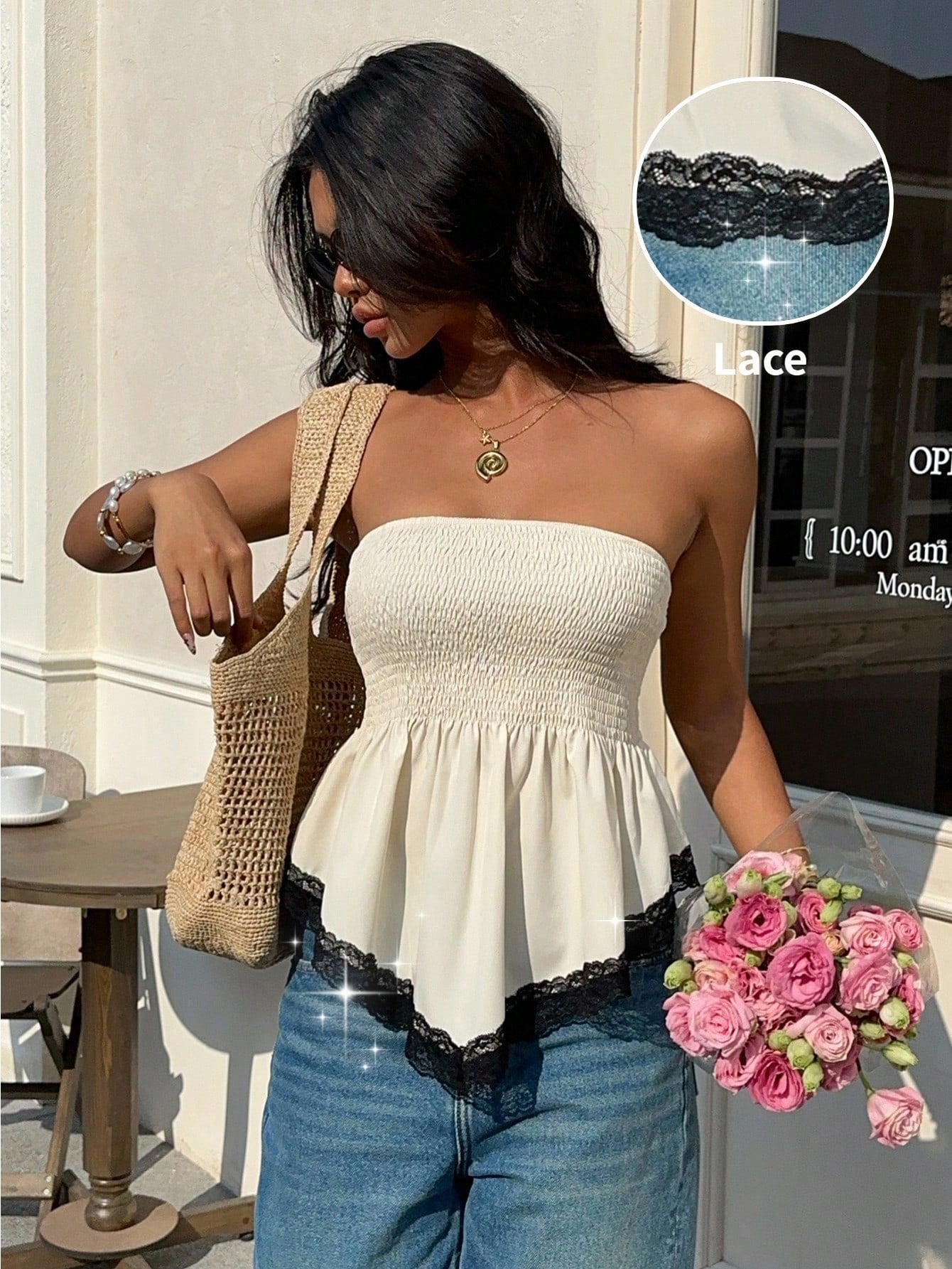 Serisse Women's Black And White Contrast Lace Trim Bandeau Top, Chic Elegant Sexy Shirred Handkerchief Hem Tube Top, Boho Summer Brunch Vacation Shoulder Tops