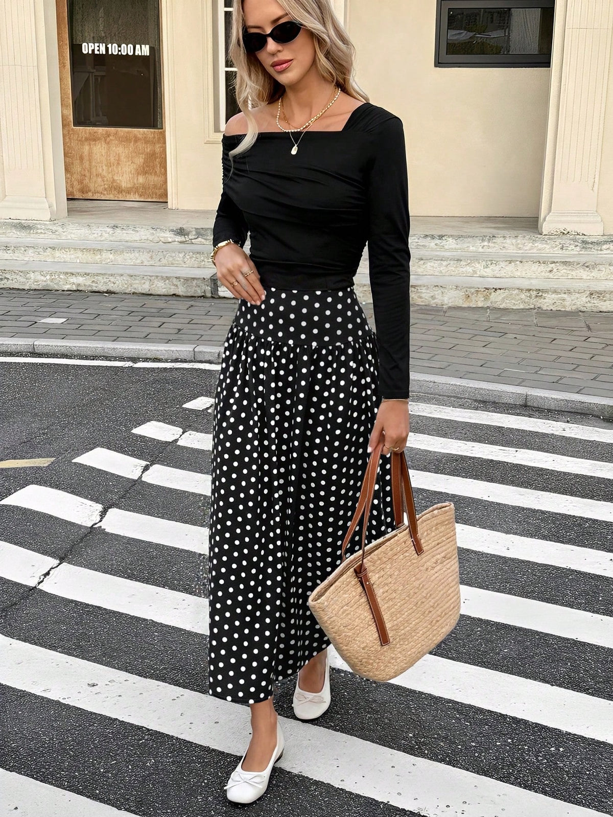 Serisse Women's Casual Polka Dot Print A-Line Skirt, Autumn