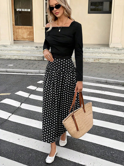 Serisse Women's Casual Polka Dot Print A-Line Skirt, Autumn