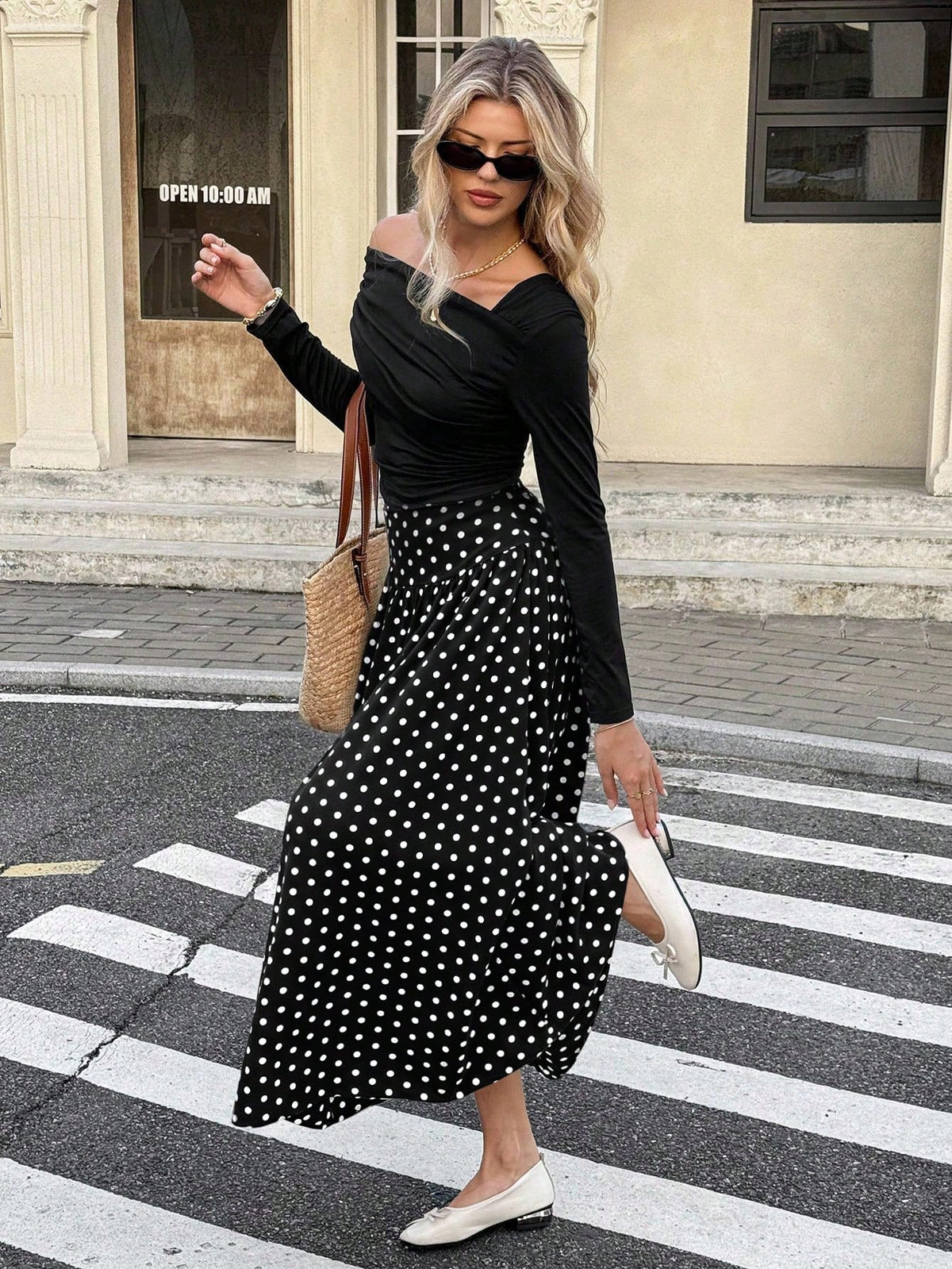 Serisse Women's Casual Polka Dot Print A-Line Skirt, Autumn