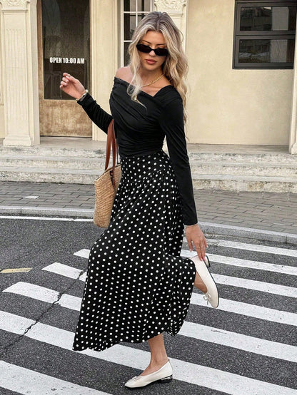 Serisse Women's Casual Polka Dot Print A-Line Skirt, Autumn