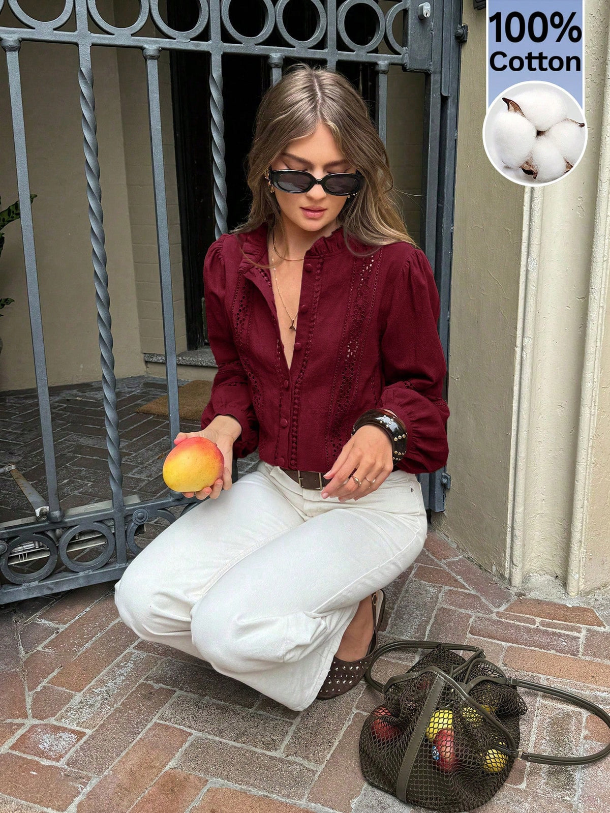 Serisse Women's Casual Vacation Style Solid Color Schiffy Frill Mock Neck Lantern Sleeve Blouse, Spring/Autumn Elegant