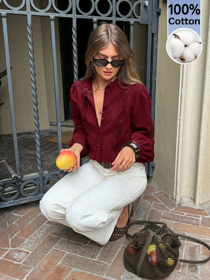 Serisse Women's Casual Vacation Style Solid Color Schiffy Frill Mock Neck Lantern Sleeve Blouse, Spring/Autumn Elegant
