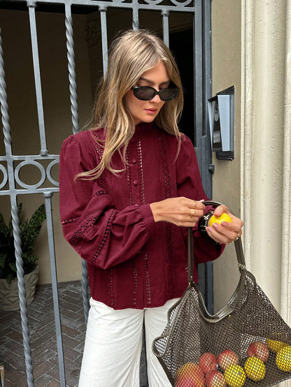 Serisse Women's Casual Vacation Style Solid Color Schiffy Frill Mock Neck Lantern Sleeve Blouse, Spring/Autumn Elegant