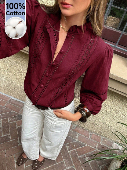 Serisse Women's Casual Vacation Style Solid Color Schiffy Frill Mock Neck Lantern Sleeve Blouse, Spring/Autumn Elegant