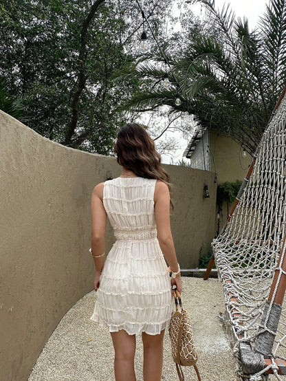 Serisse Women's Deep V Neck Ruffle Midi Dress,Sleeveless Smocked Waist Flowy Summer,Casual,Elegant,Holiday,Vacation,Holiday,Cream White Beach Short Dress