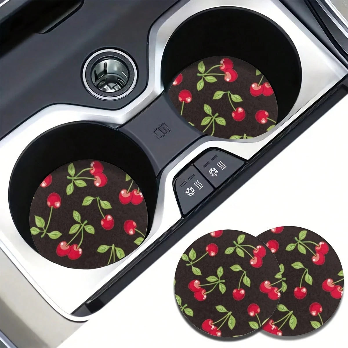Set Of 2 Car Coasters- Cup Holders With A Cherry Pattern- Your Vehicle Against Spills And Stains