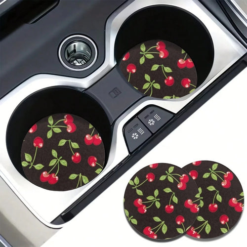 Set Of 2 Car Coasters- Cup Holders With A Cherry Pattern- Your Vehicle Against Spills And Stains