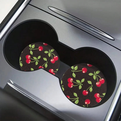 Set Of 2 Car Coasters- Cup Holders With A Cherry Pattern- Your Vehicle Against Spills And Stains