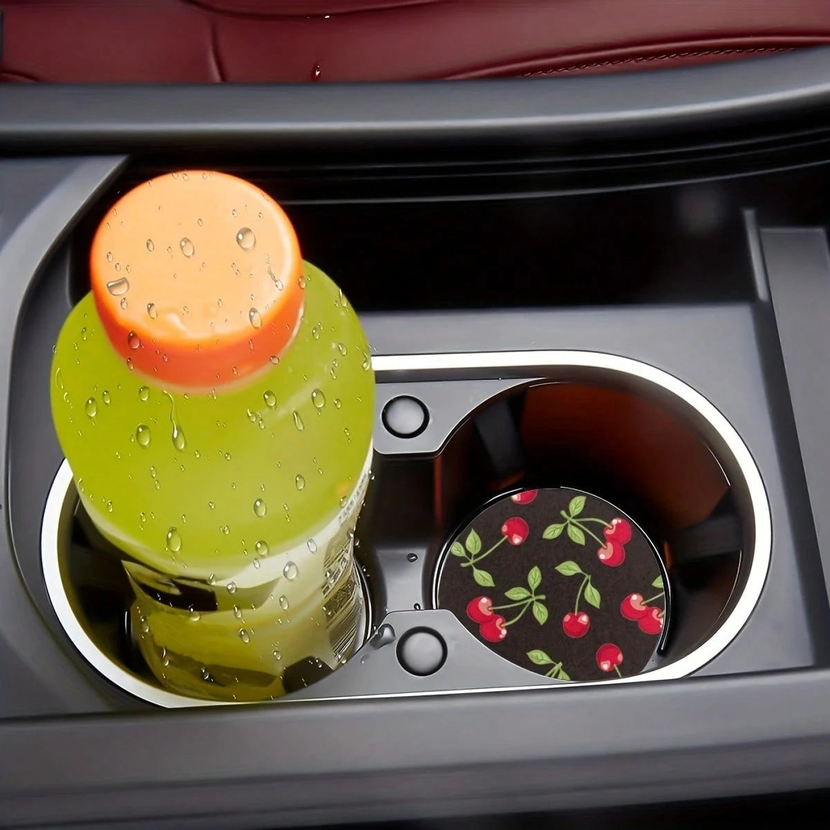 Set Of 2 Car Coasters- Cup Holders With A Cherry Pattern- Your Vehicle Against Spills And Stains