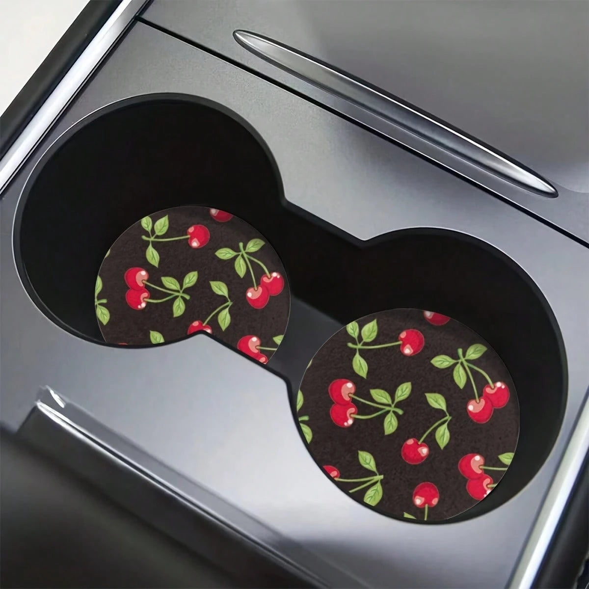 Set Of 2 Car Coasters- Cup Holders With A Cherry Pattern- Your Vehicle Against Spills And Stains