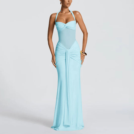 Sexy Spaghetti Strap Backless Waist Cinched High Slit Dress, Mesh Patchwork Vacation Party Dress Women's Fishtail Slim Fit Slip Dress Elegant Long Pr