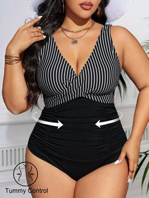 Shapewave Plus Size Women's Striped Criss-Cross Front One-Piece Swimsuit, Tummy Control Beach Outfit Bathing Suit Summer,Summer Beach